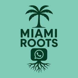 Miami Roots logo: a palm tree growing from a WhatsApp speech bubble, rooted into the ground