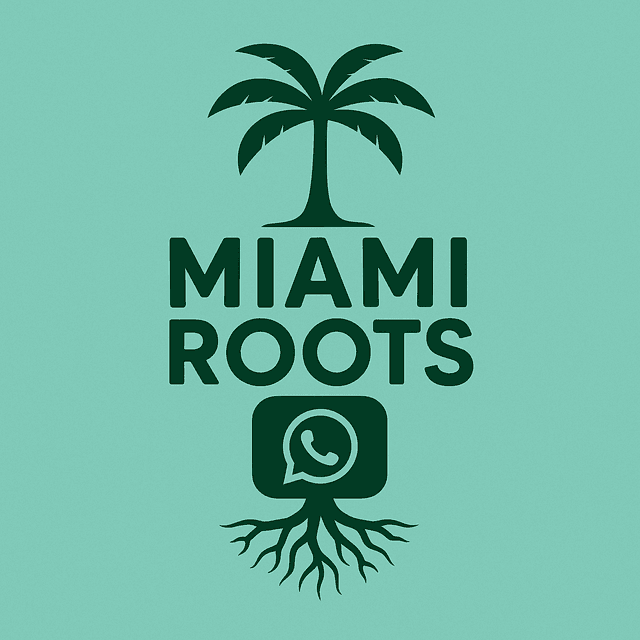 Miami Roots logo: a palm tree growing out of a WhatsApp speech bubble, rooted into the ground